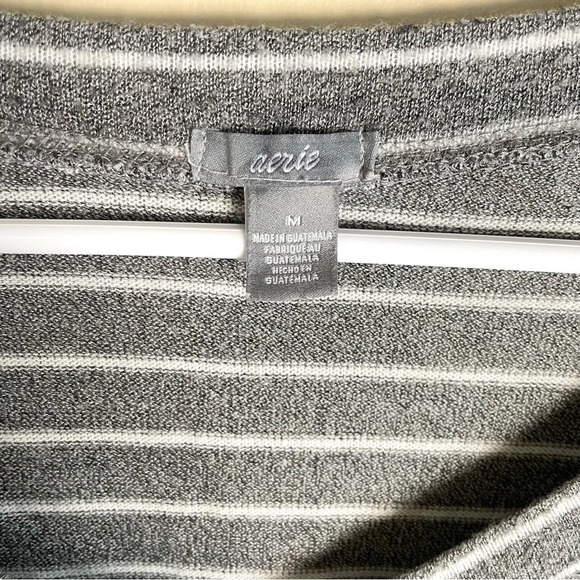 Aerie Striped Romper Gray White Soft Tie  Waist Snap Front Long Sleeve Shorts - Picture 2 of 12